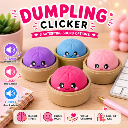 Four kawaii dumpling-shaped stress toys in purple, blue, pink, and magenta, each sitting in a beige bamboo-style holder on a desk. Large text at the top reads 'DUMPLING CLICKER' with '3 SATISFying SOUND OPTIONS!' Below, feature callouts mention creamy smooth/soft, clicky crisp/classic, and thocky deep/weighty sounds.