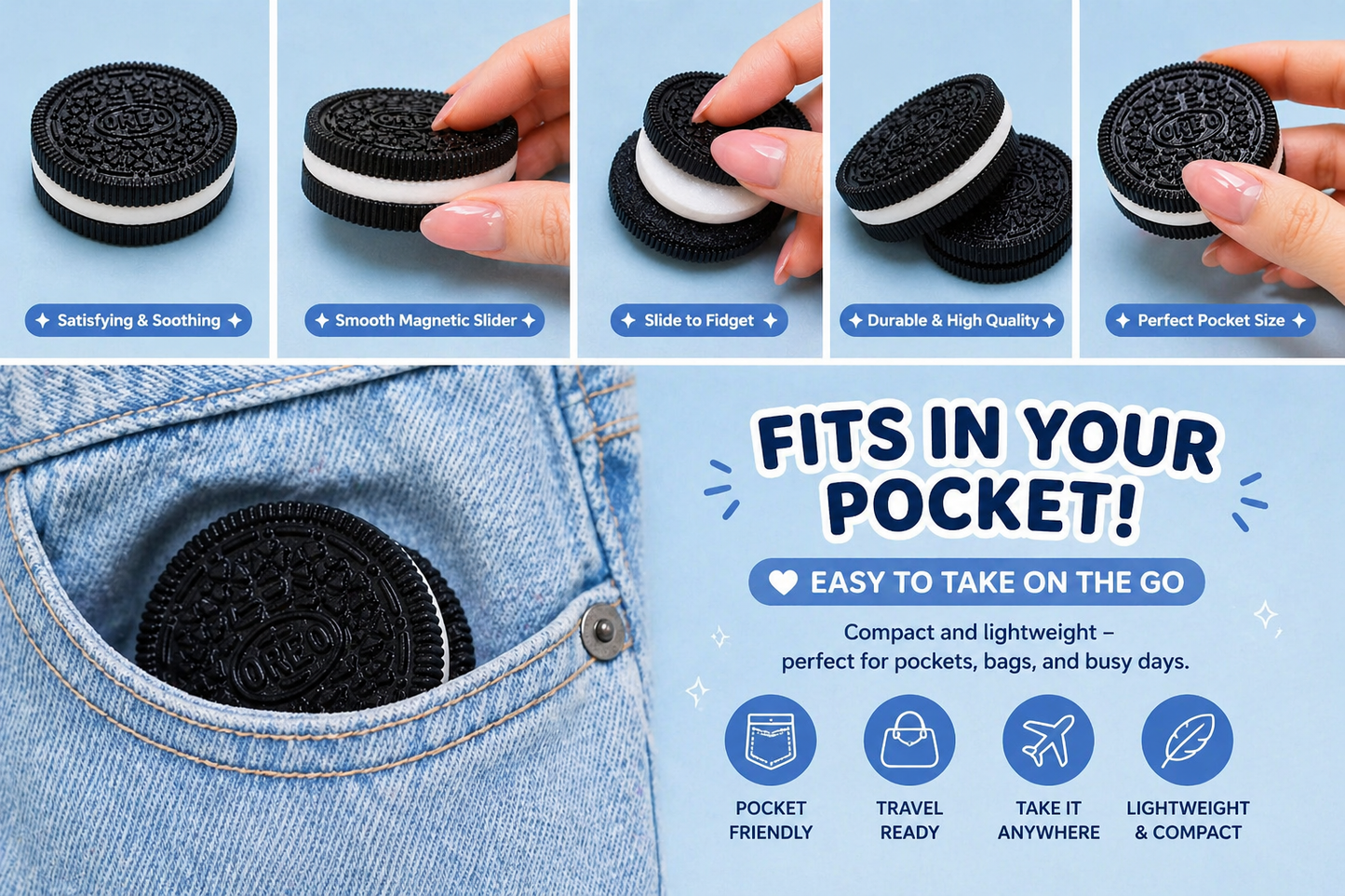 Oreo cookies being held and placed in a pocket with promotional text about their pocket-friendly design.