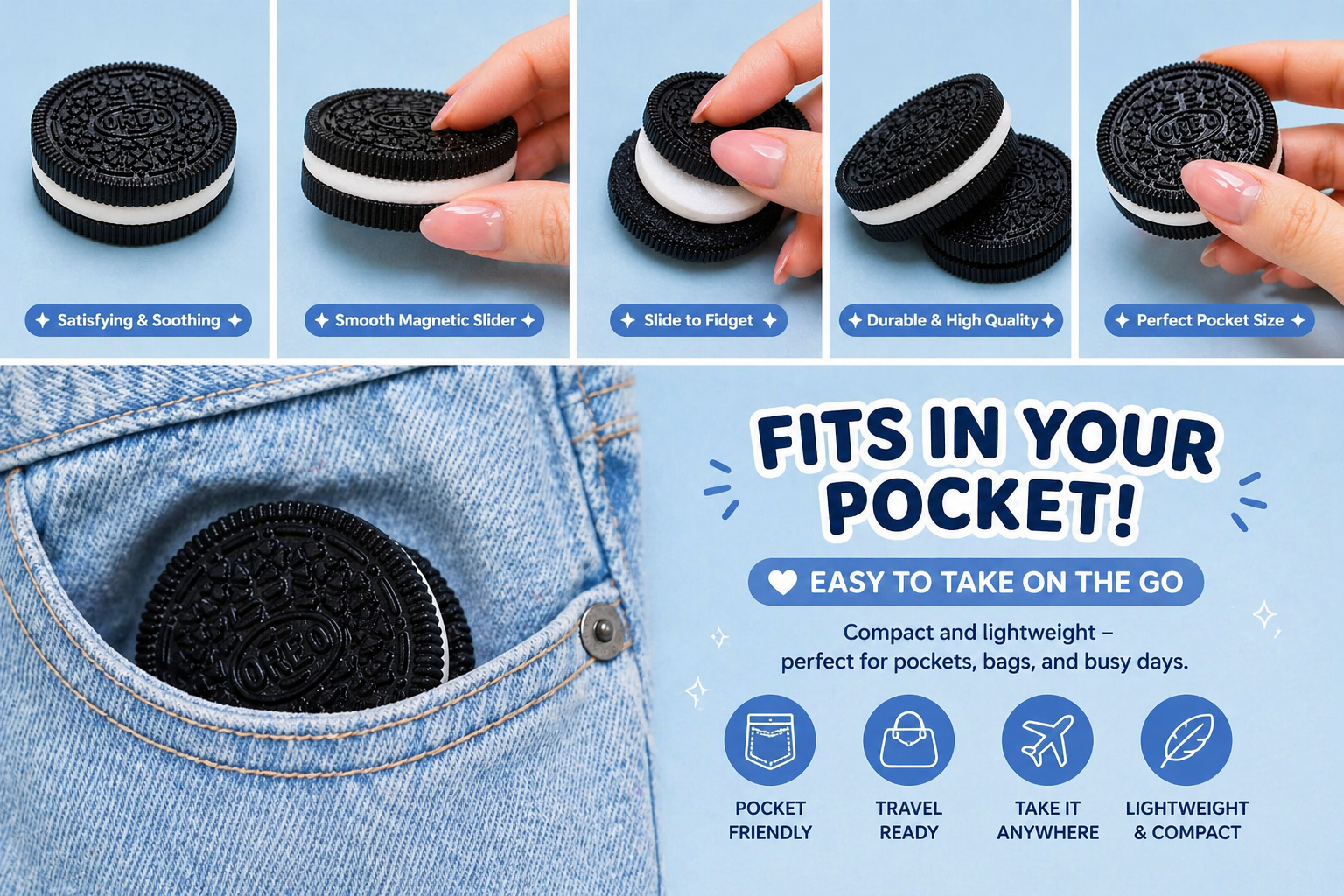 Oreo cookies being held and placed in a pocket with promotional text about their pocket-friendly design.