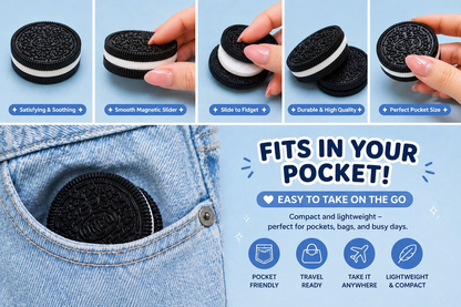 Oreo cookies being held and placed in a pocket with promotional text about their pocket-friendly design.