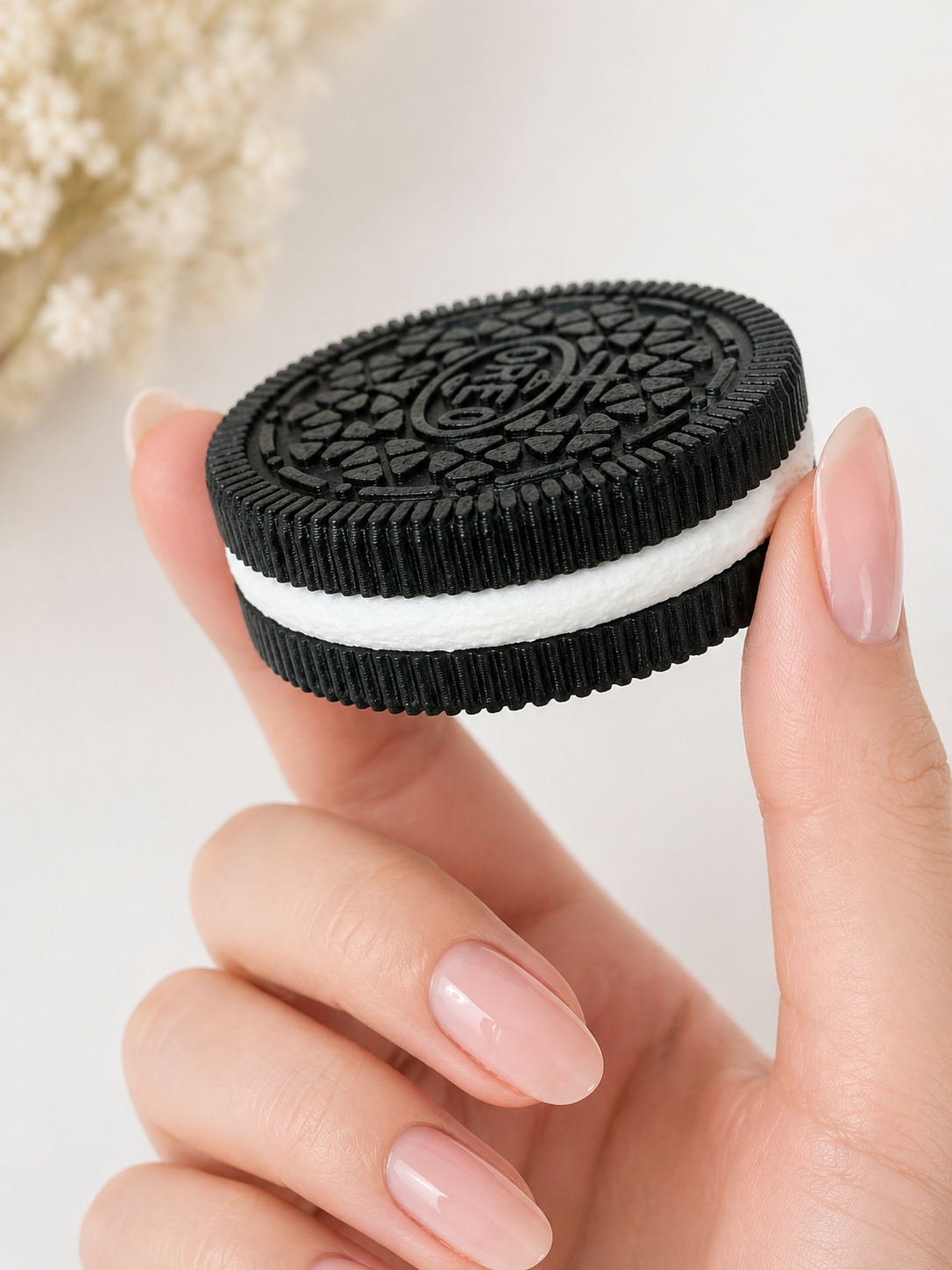 Hand holding a Oreo cookie against a light background