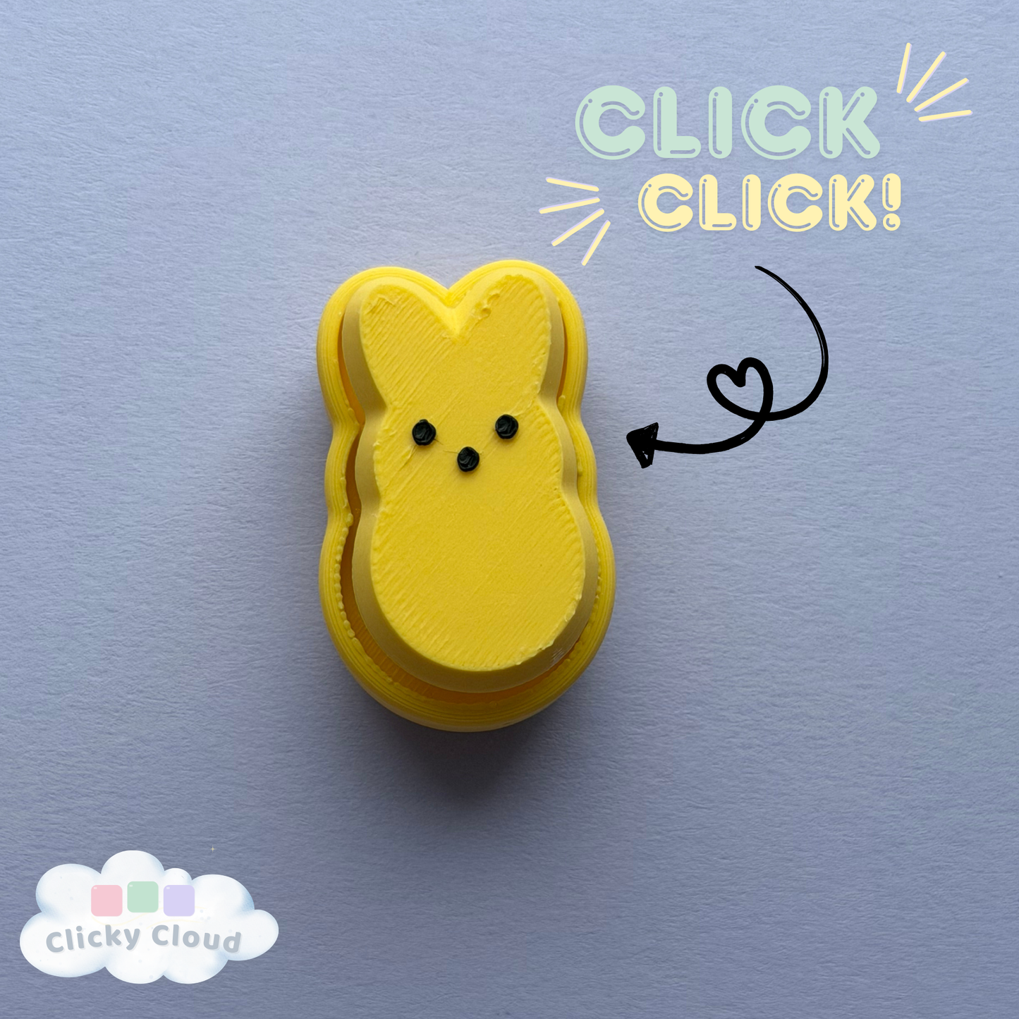 Yellow bunny peep  with 'Click Click!' text on a blue background