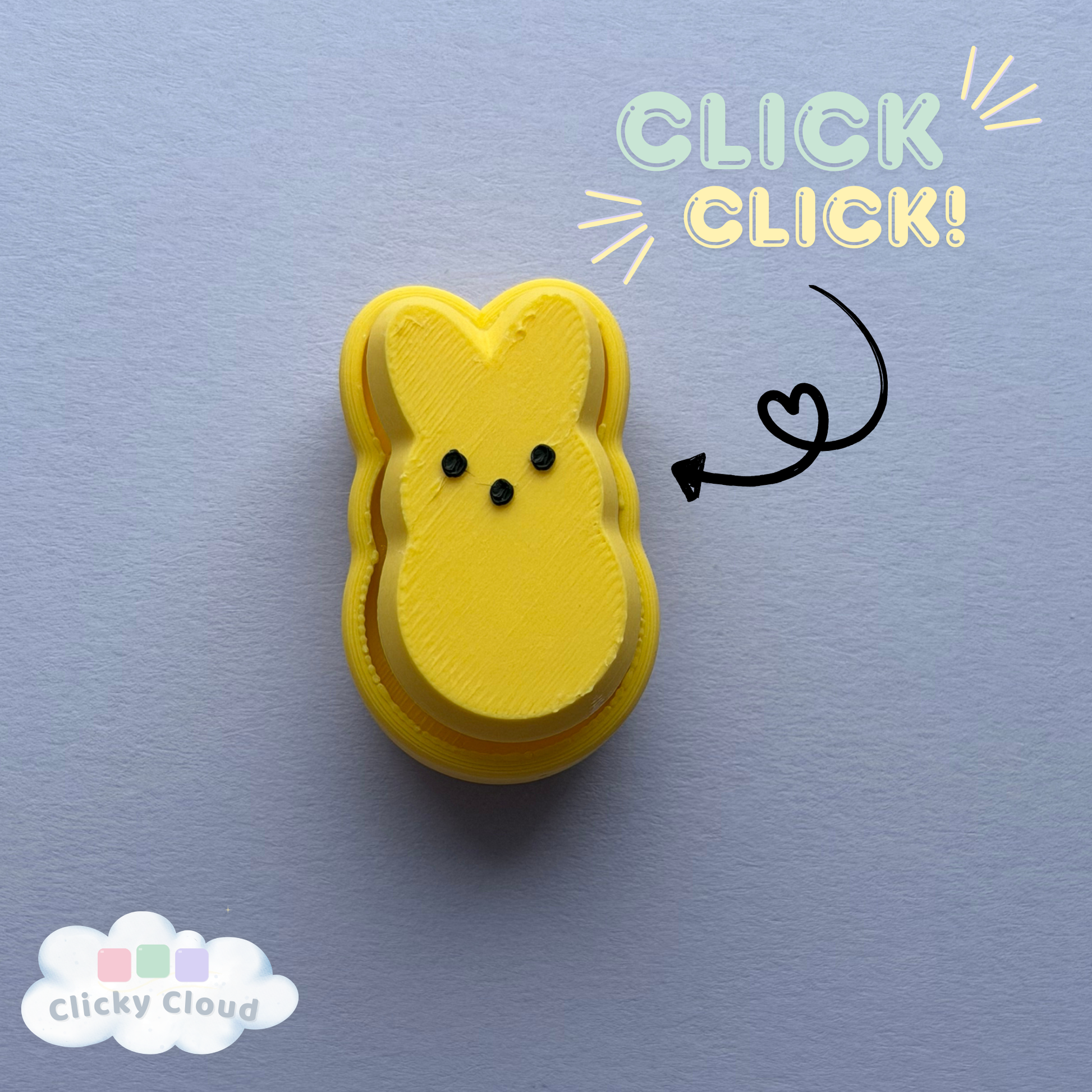 Yellow bunny peep  with 'Click Click!' text on a blue background