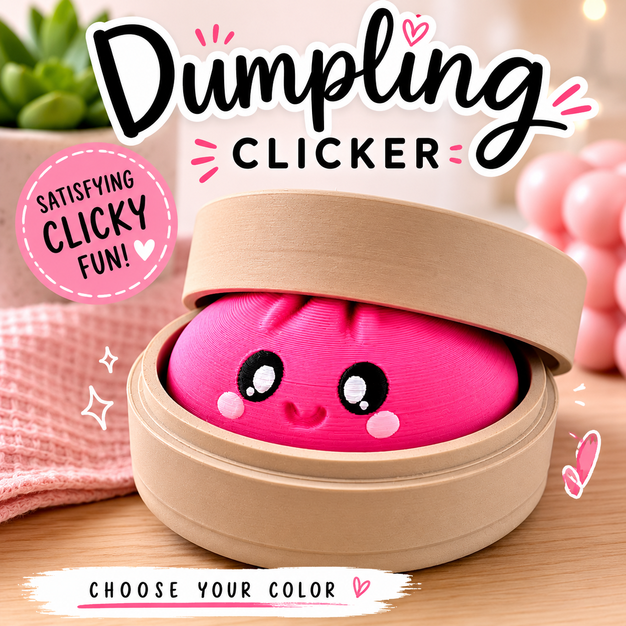 A bright pink dumpling-shaped clicker toy with a cute face peeks out from a round tan bamboo-style container. Large text reads 'Dumpling CLICKER' with 'Satisfying Clicky Fun!' in a pink badge, and 'Choose Your Color' appears at the bottom.