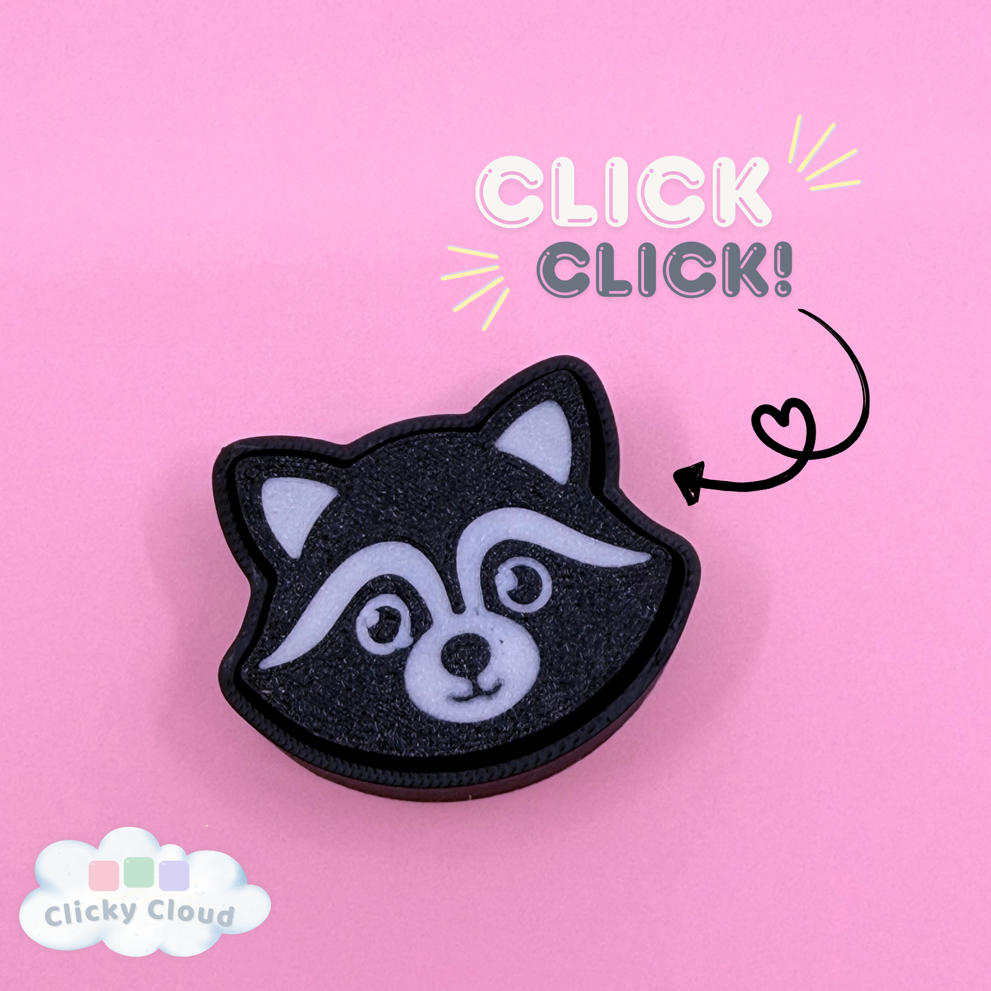 Raccoon-shaped button with 'Click Click!' text on a pink background