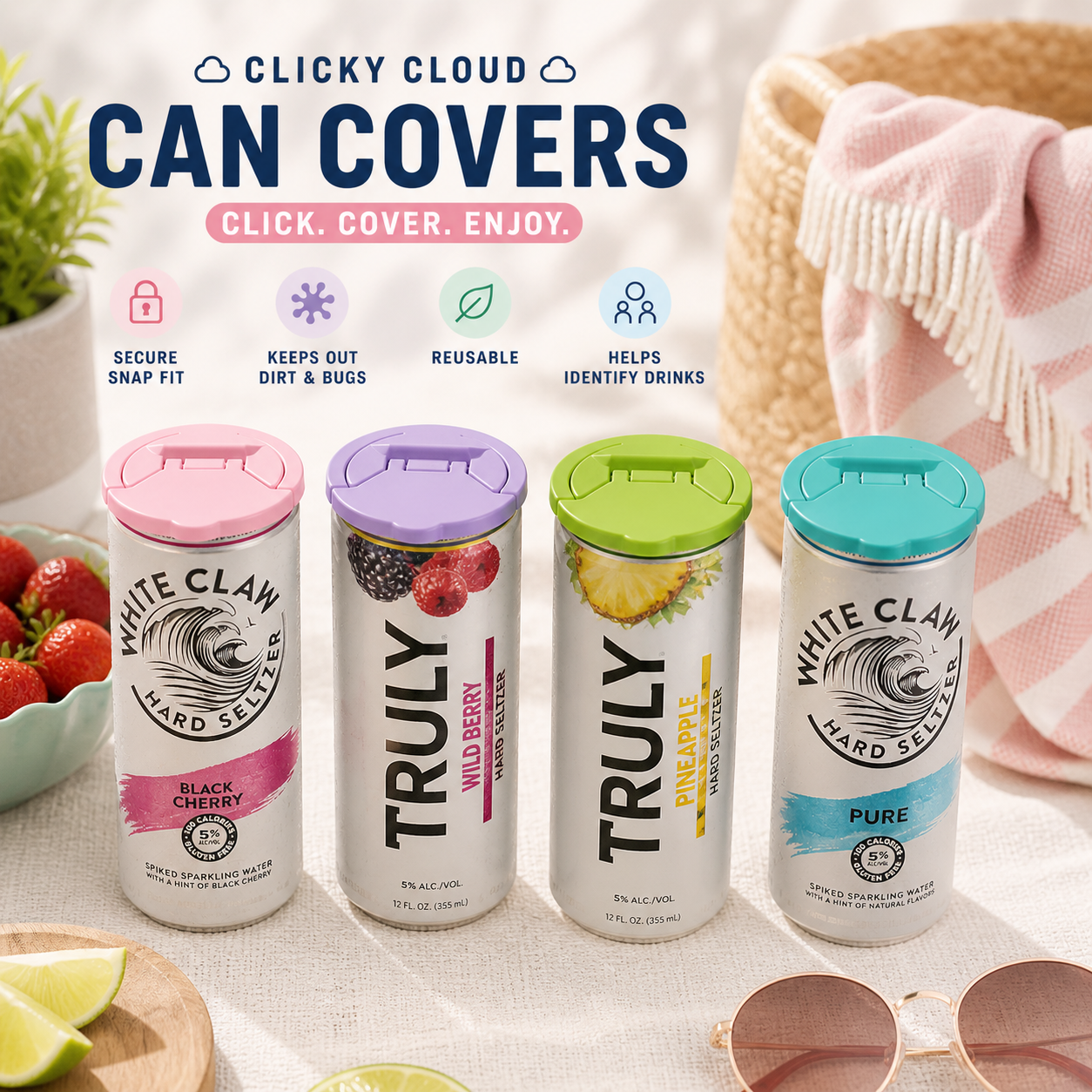 White Claw and Truly can covers with colorful lids on a table with fruit and sunglasses.