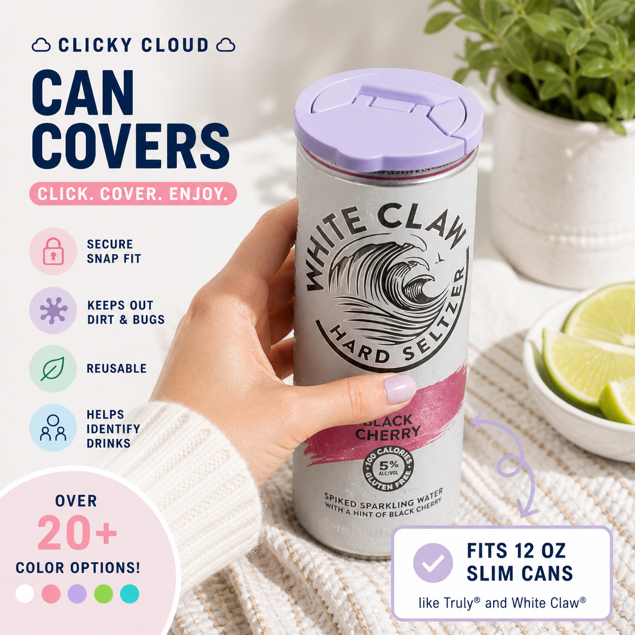 White Claw hard seltzer can with a purple Clicky Cloud can cover, held by a hand.