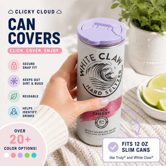 White Claw hard seltzer can with a purple Clicky Cloud can cover, held by a hand.