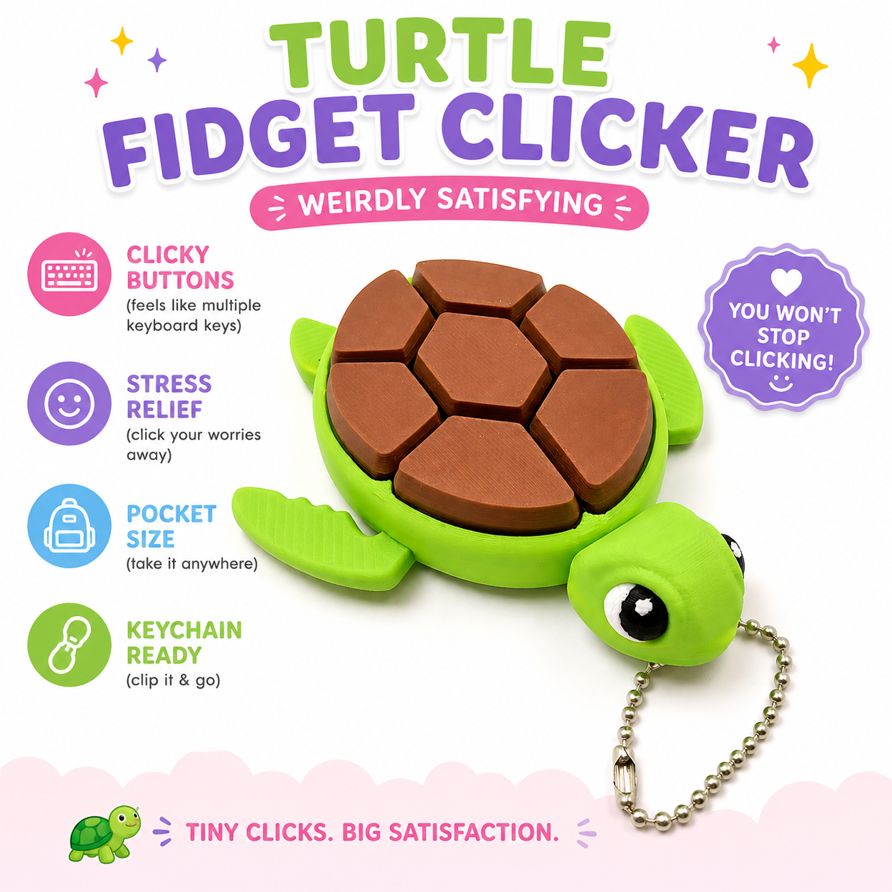 7 Button Turtle Fidget Clicker for Stress & ADHD | Cute ASMR Toy ...