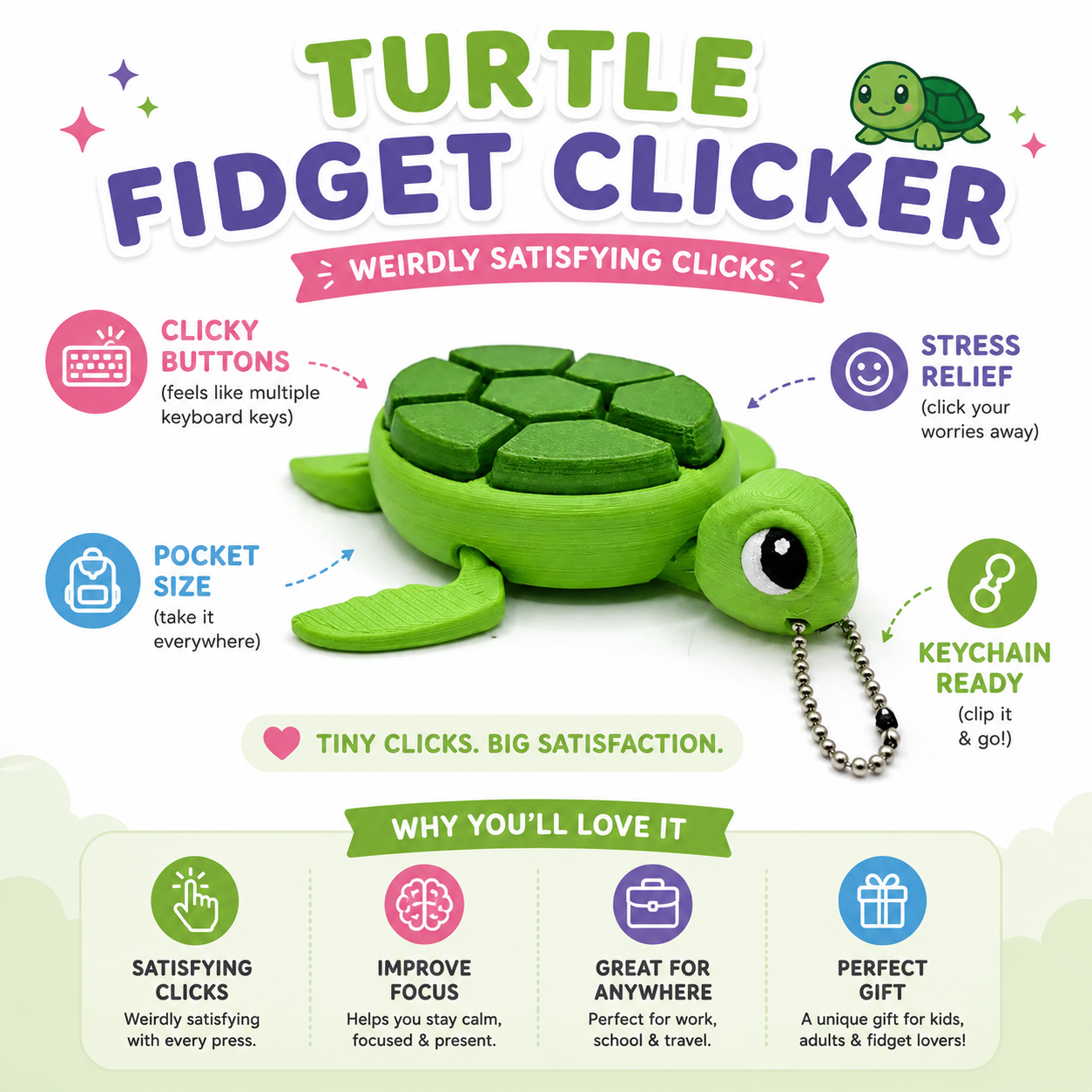 Green turtle fidget clicker with features and benefits on a white background