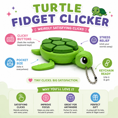 Green turtle fidget clicker with features and benefits on a white background