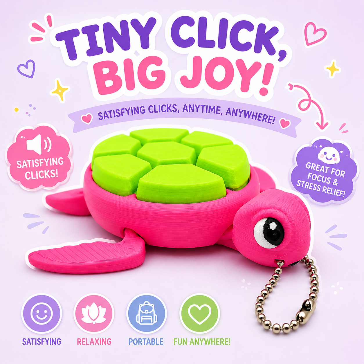 Pink turtle-shaped fidget toy with green shell on a light purple background, featuring text about satisfying clicks and stress relief.
