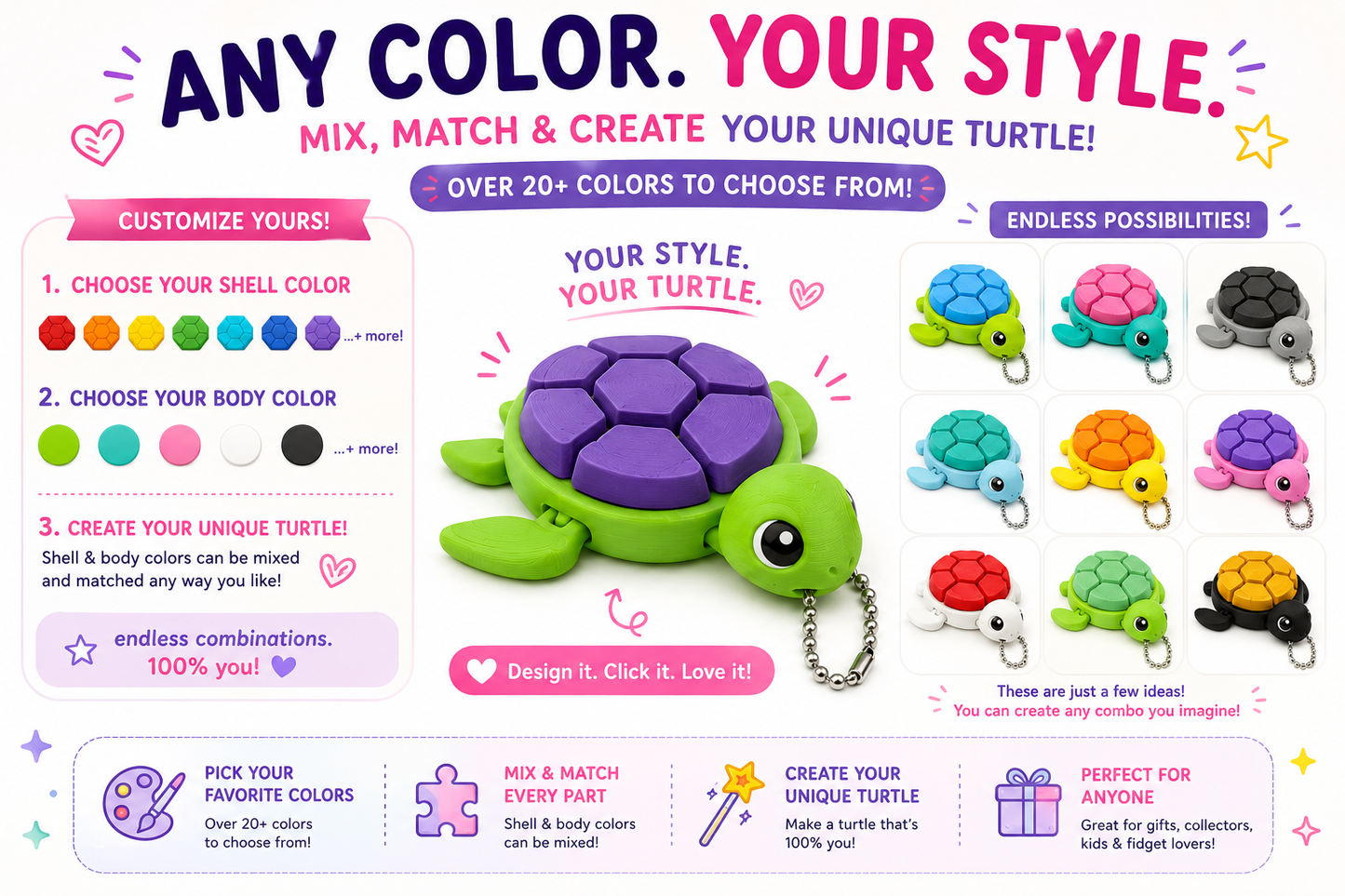 Colorful turtle keychains with customization options on a vibrant background