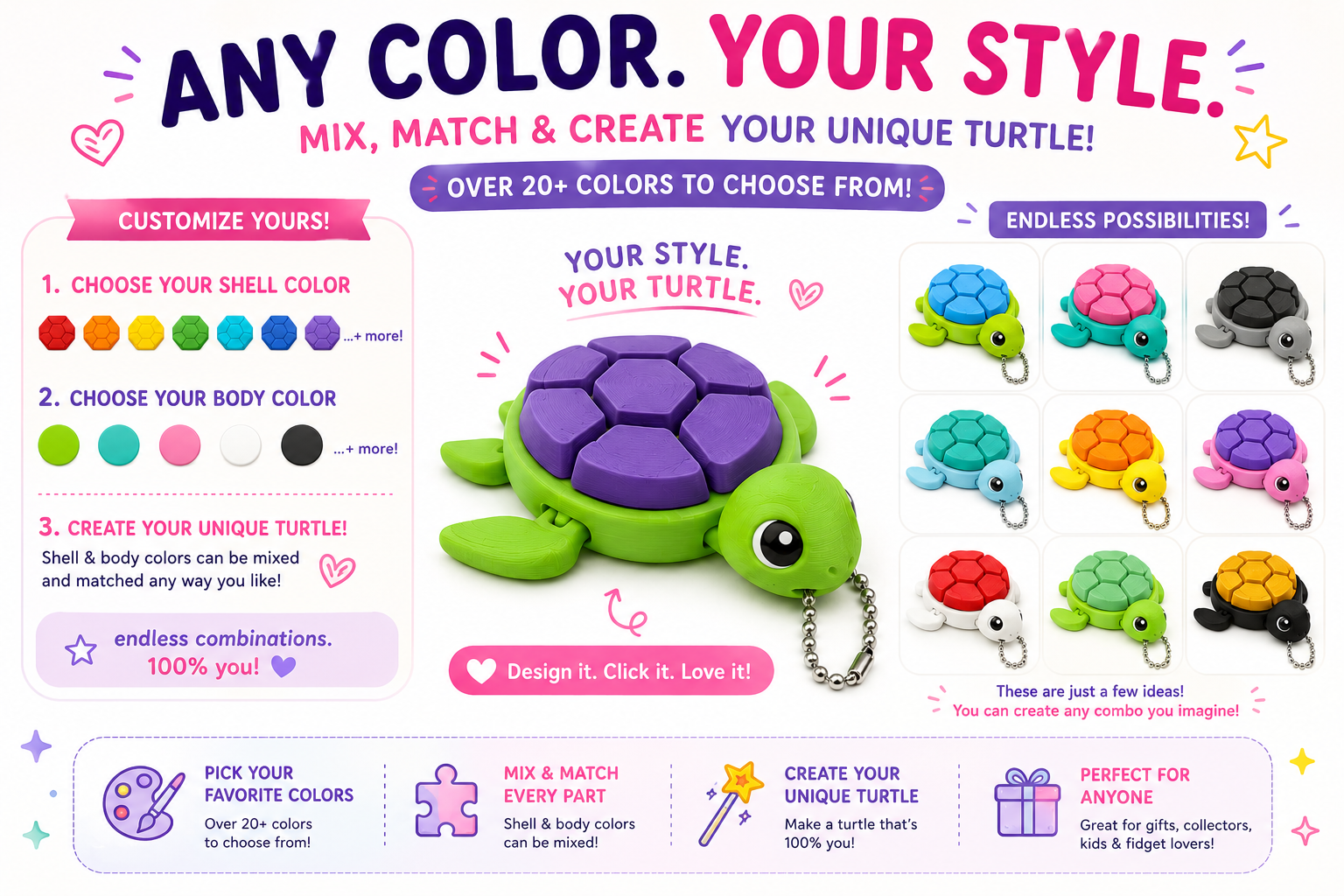 Colorful turtle keychains with customization options on a vibrant background