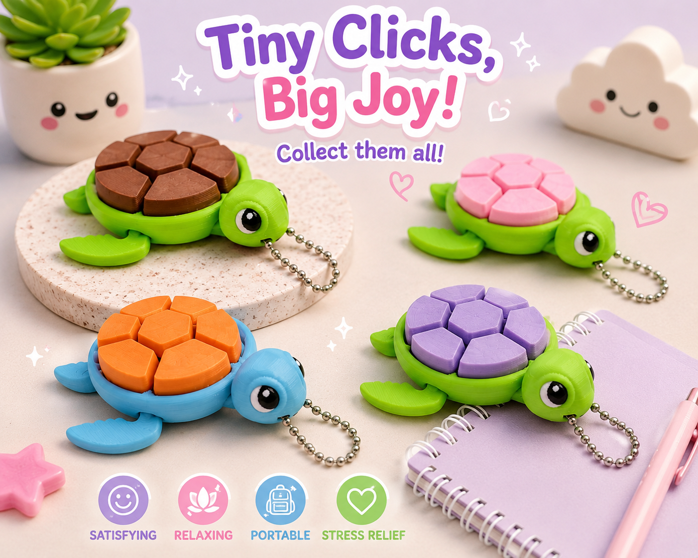 Four colorful turtle-shaped toys with keychains on a light background, featuring text 'Tiny Clicks, Big Joy!'.