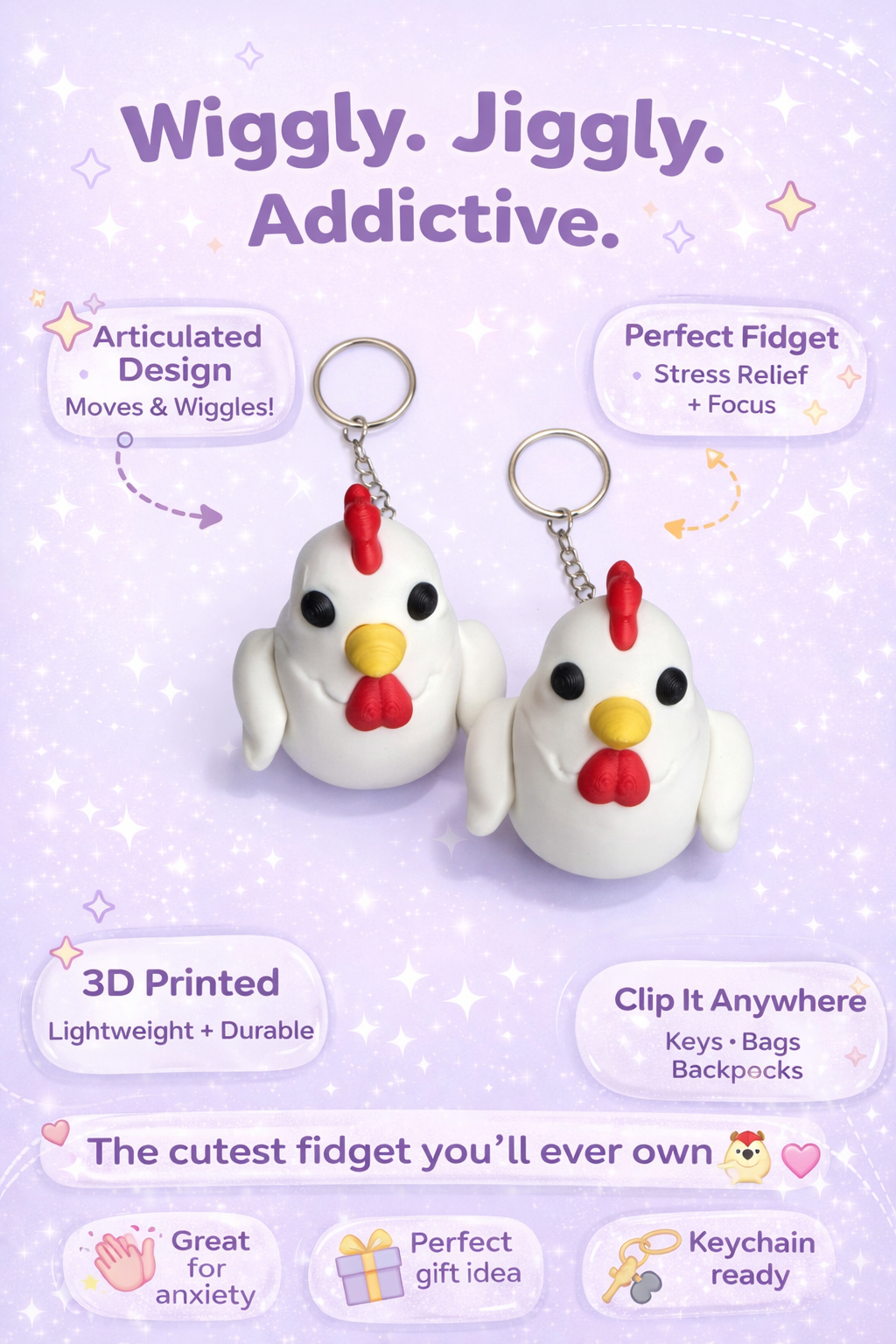 Chicken-shaped fidget keychain on a purple background with text describing features.