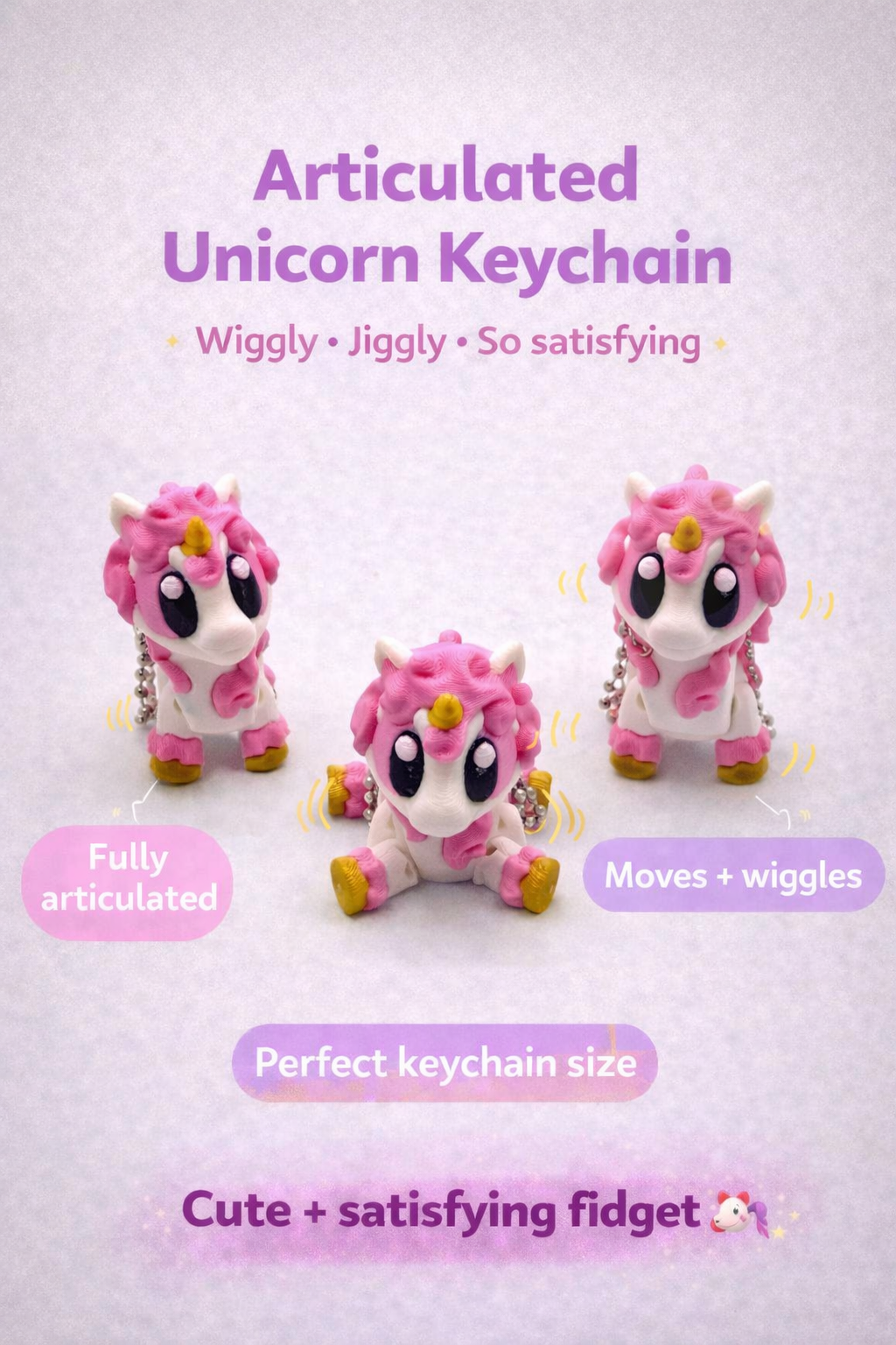 Pink unicorn keychain with articulated features on a light gray background