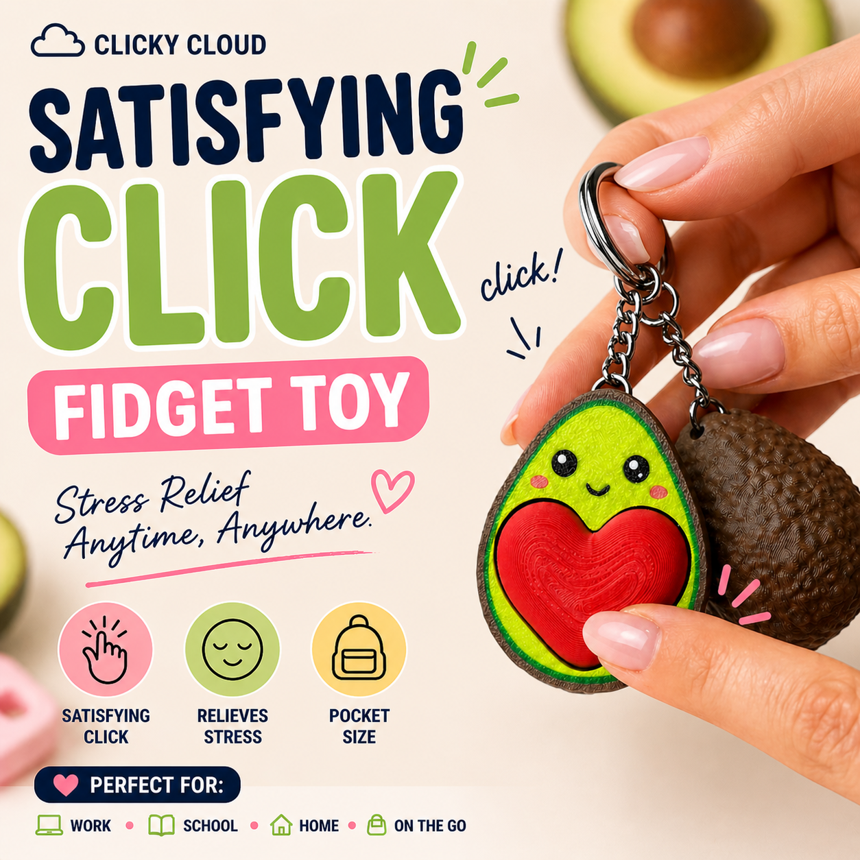 Avocado-shaped fidget toy with a satisfying click sound, held by a hand.