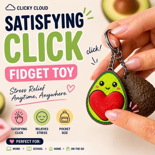Avocado-shaped fidget toy with a satisfying click sound, held by a hand.