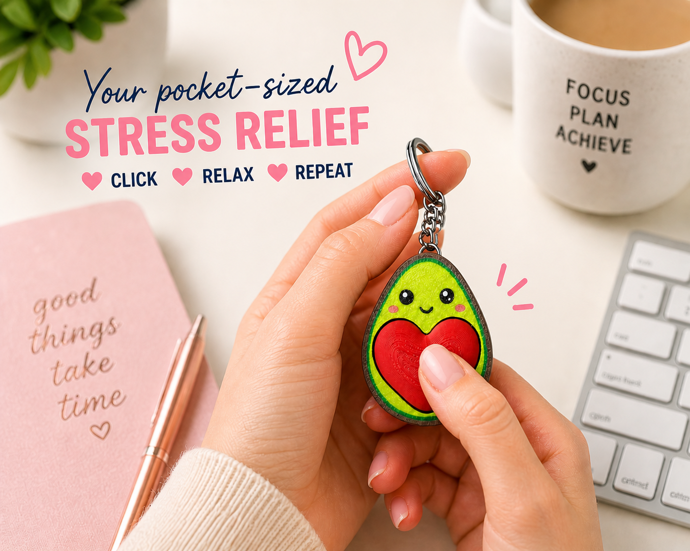 Hand holding a stress-relief keychain with text about stress relief on a desk.