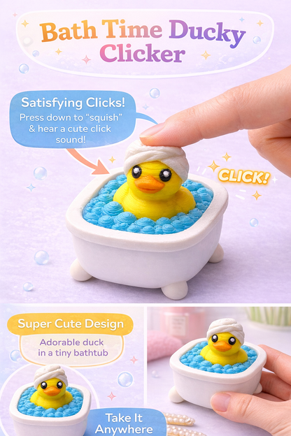 Bath Time Ducky Clicker toy with a duck in a bathtub on a light purple background