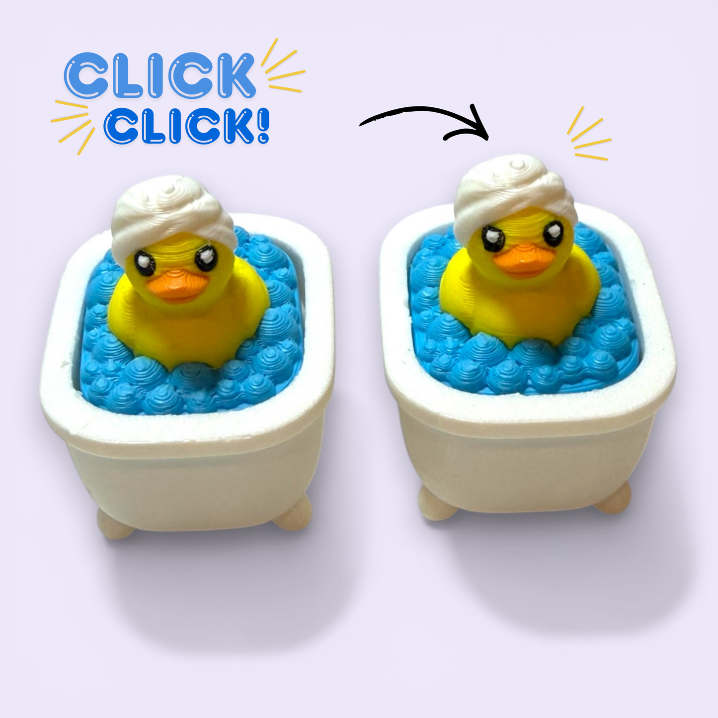 Two small bathtub fidgets with a yellow duck inside, one with a white towel on its head and the other without.
