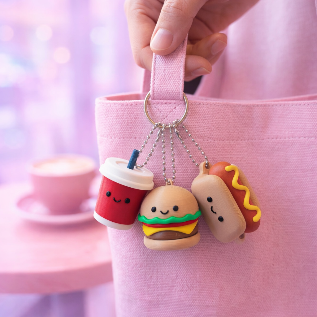 Fast Food Fidget Clickers – Hot Dog, Burger, Fries & Drink Sensory Keychain Toys