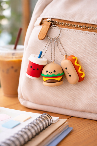 Keychain with cartoon-style drink, burger, and hot dog charms attached to a beige bag.