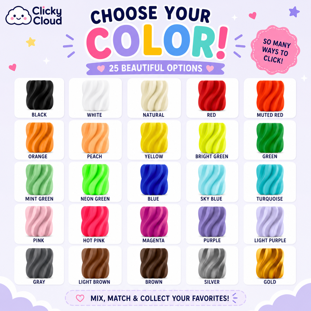 Color swatch chart with 25 color options and Clicky Cloud branding.