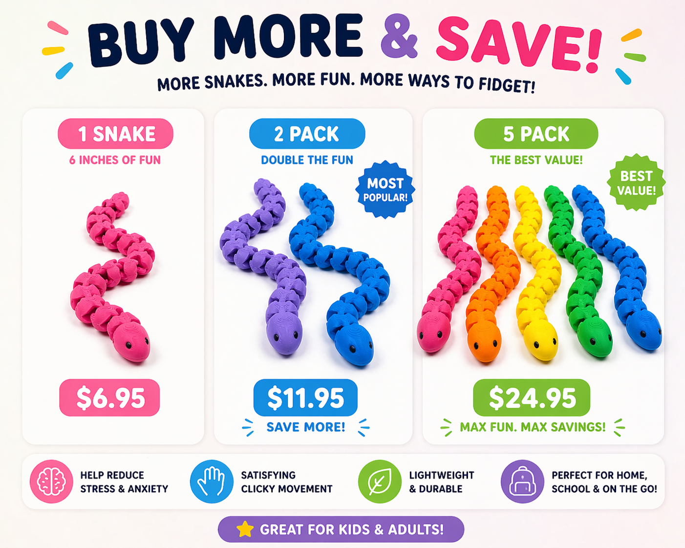 Product advertisement for fidget snakes with pricing and packaging options.