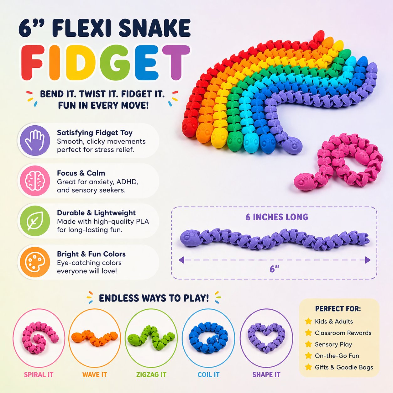6” Flexi Snake Fidget Toy – Sensory Stress Relief Toy for Kids & Adults | ADHD Focus Desk Fidget