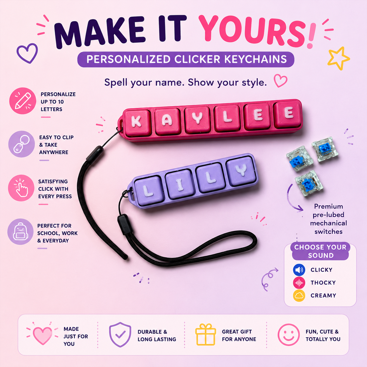 Personalized clicker keychains with customizable names on a pink background