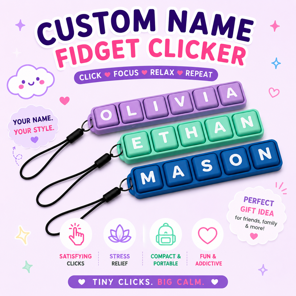 Personalized Keyboard Clicker Fidget – Custom Name Keycap Clicker | 3D Printed Desk Toy | Mechanical Keyboard Switch Fidget