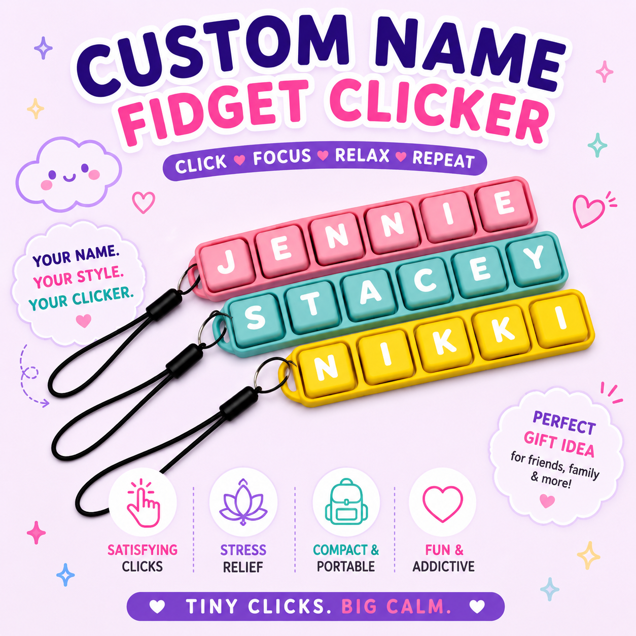 Personalized Keyboard Clicker Fidget – Custom Name Keycap Clicker | 3D Printed Desk Toy | Mechanical Keyboard Switch Fidget