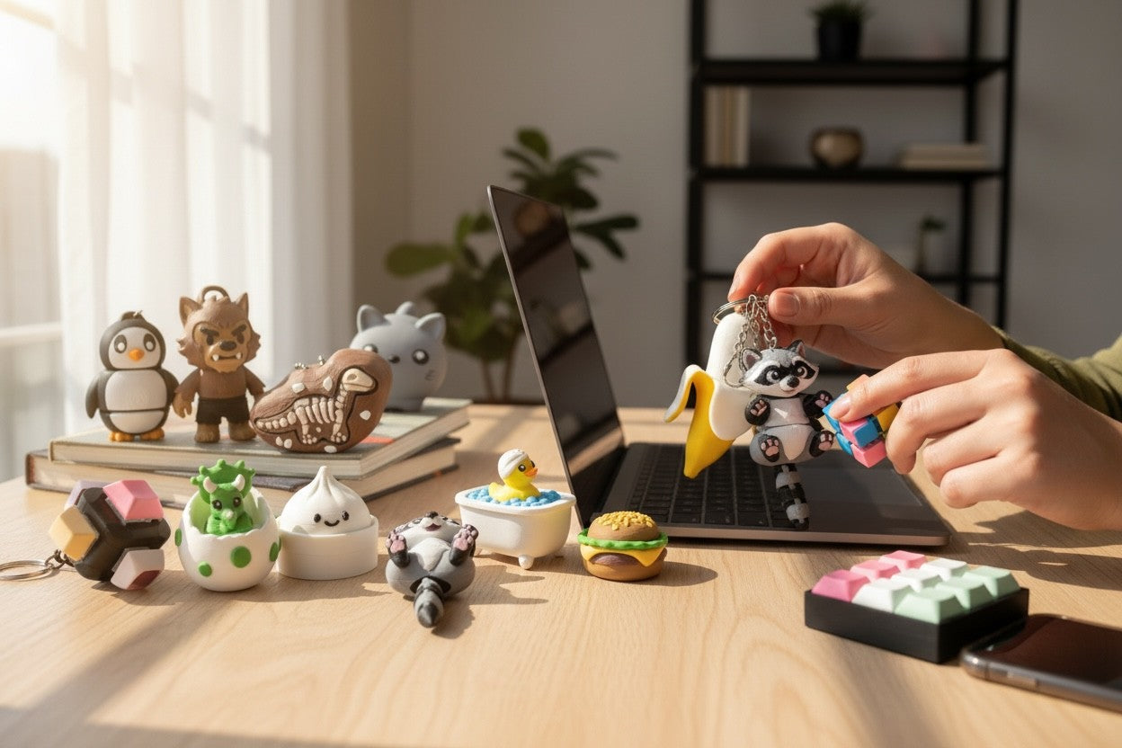 Person playing with a variety of fidgets on a desk with a laptop in the background