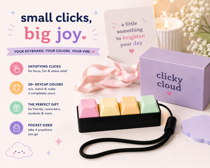 Keyboard keycaps with colorful keys and packaging on a light background