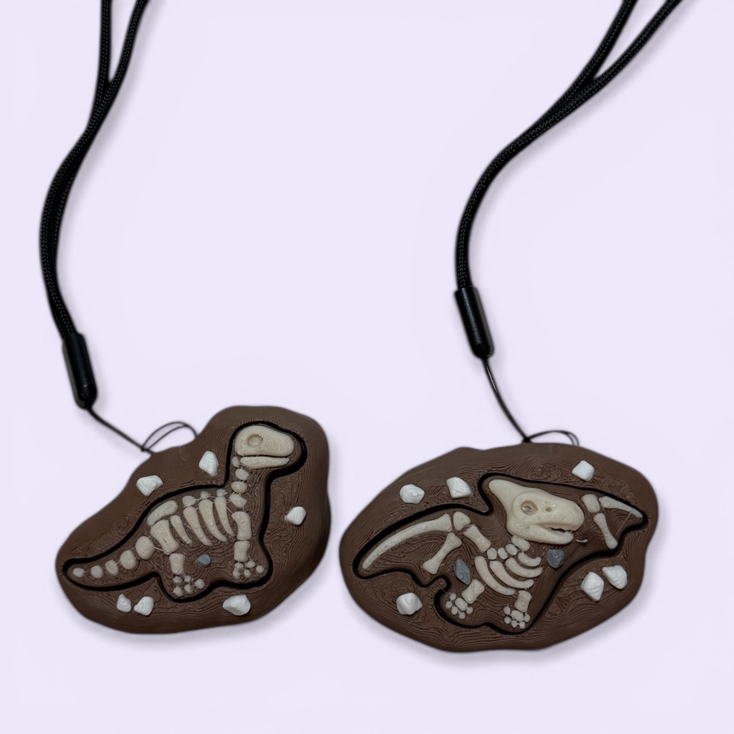 Two dinosaur fossil fidget clicker on black cords against a white background