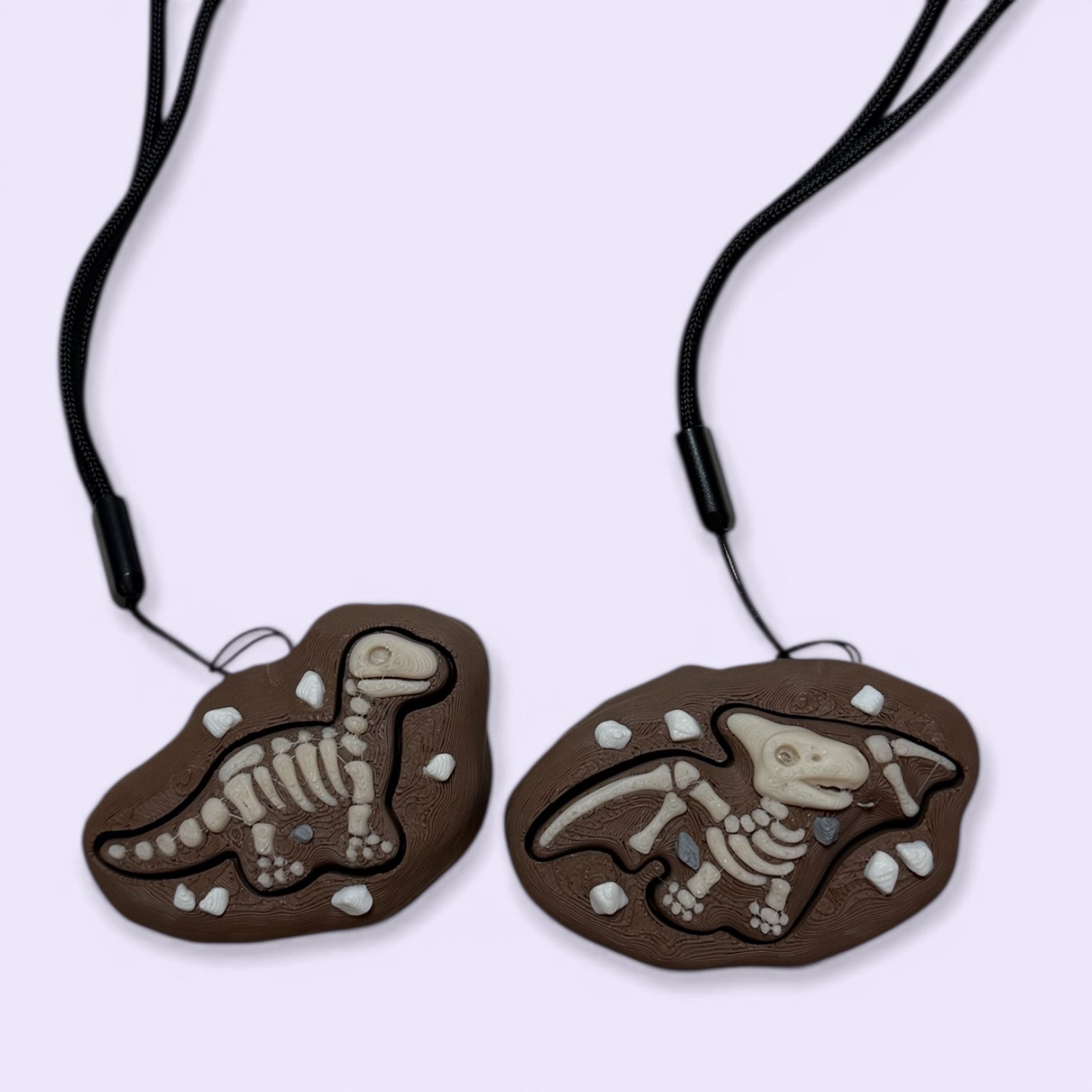 Two dinosaur fossil fidget clicker on black cords against a white background