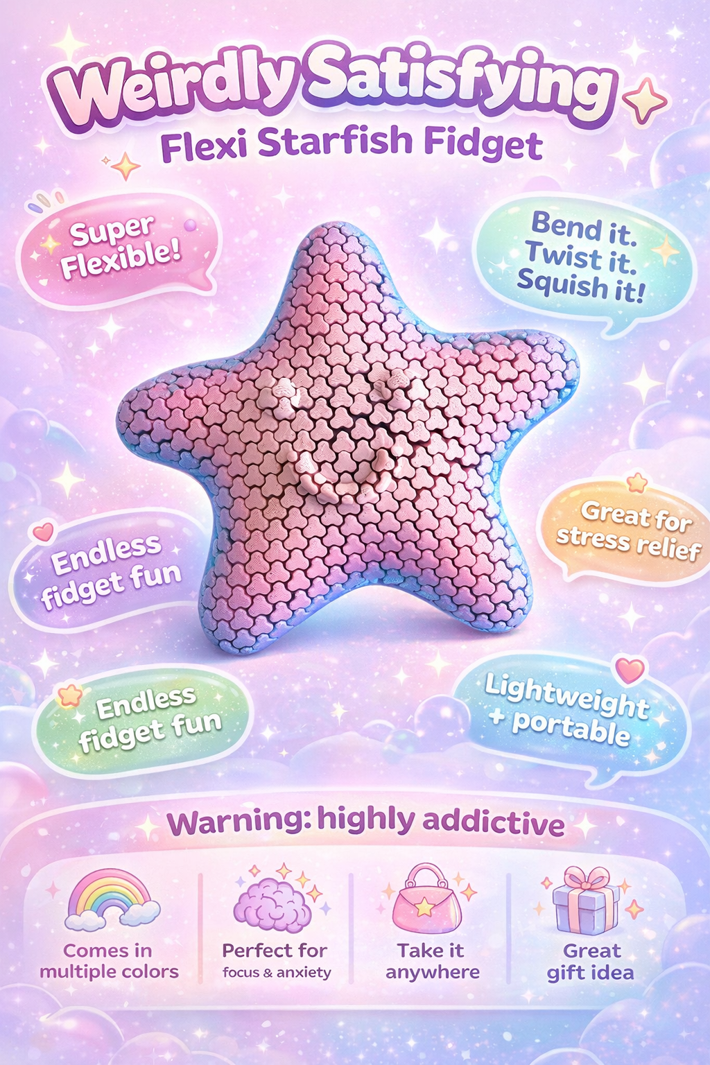 Starfish fidget toy with colorful design and text on a pink background