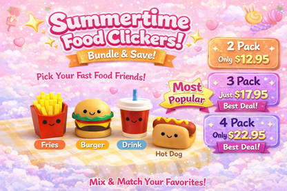 Promotional graphic for 'Summertime Food Clickers' with cartoon food items and pricing information.