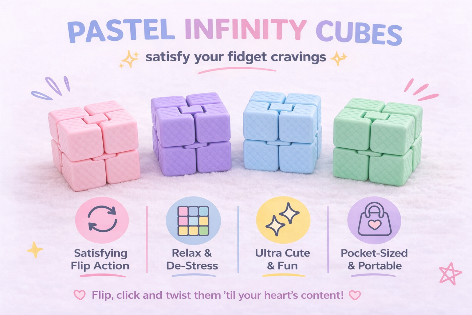 Pastel infinity cubes with text describing their features on a light background