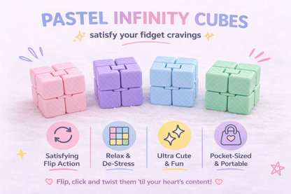 Pastel infinity cubes with text describing their features on a light background