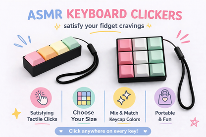 ASMR keyboard clickers with colorful keycaps on a white background