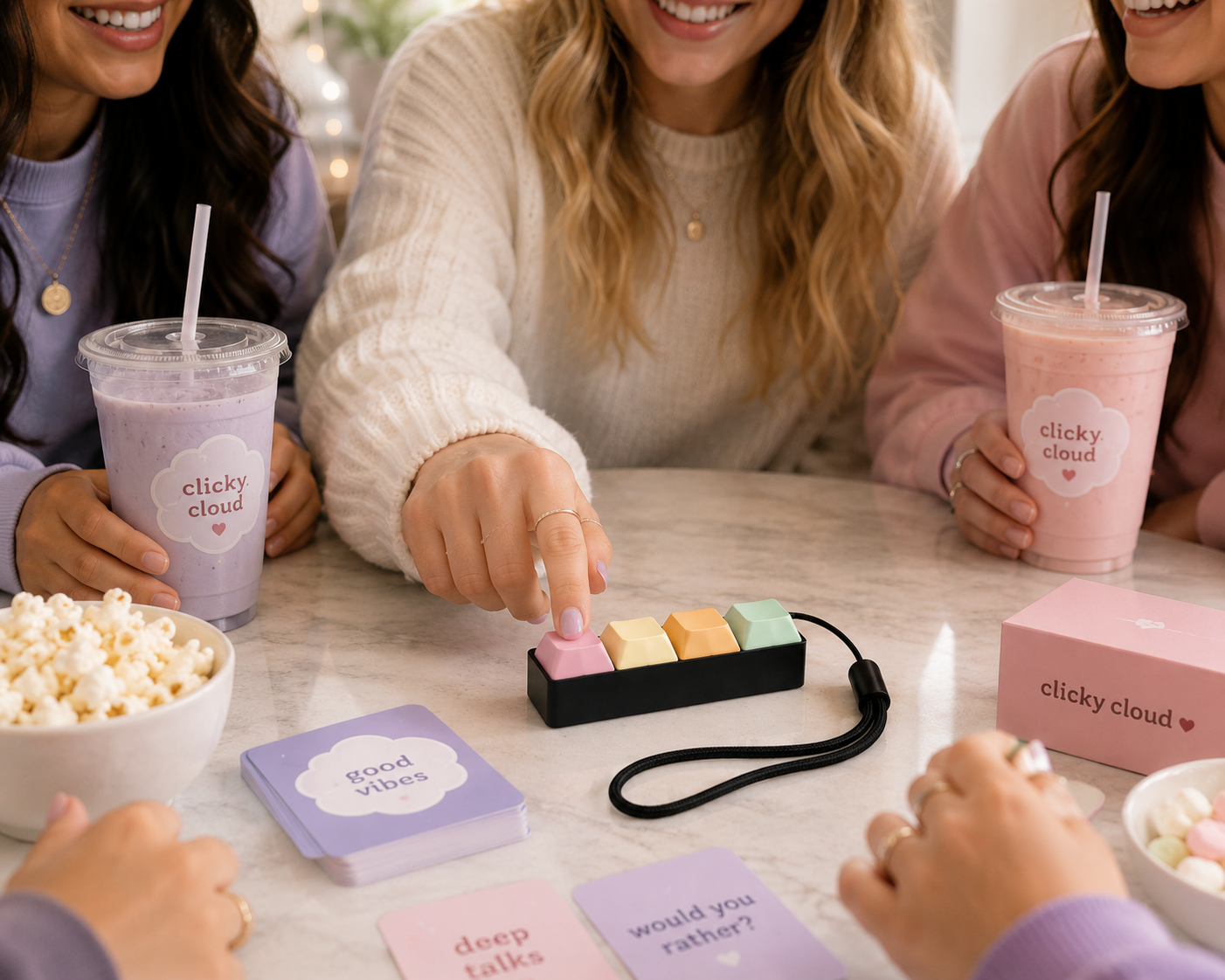 Three women sitting around a table with drinks and a game, smiling and interacting.