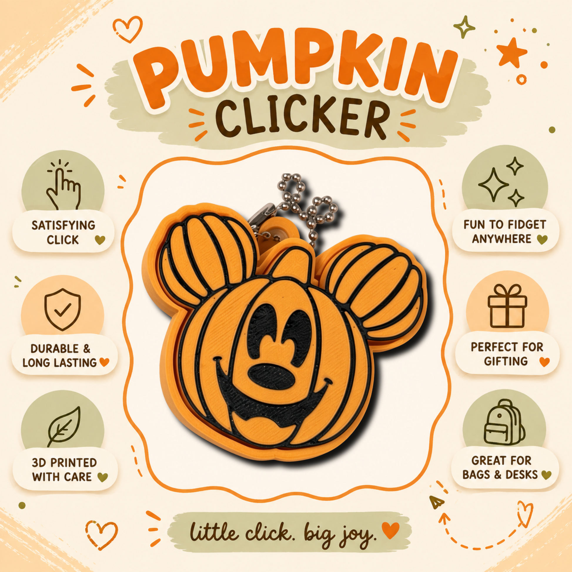 A Halloween-themed promotional graphic for a pumpkin-shaped mouse-head keychain or bag charm. The product is orange with black outlines and a small silver metal ring at the top.