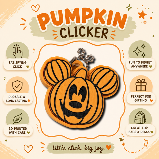 A Halloween-themed promotional graphic for a pumpkin-shaped mouse-head keychain or bag charm. The product is orange with black outlines and a small silver metal ring at the top.