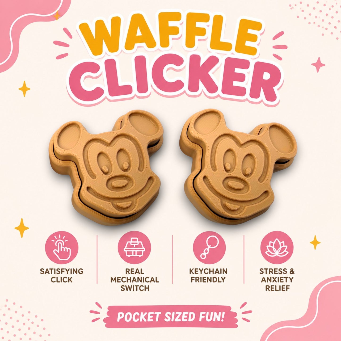 Mouse Waffle Clicker Fidget Keychain | Mechanical Keyboard Clicker | Waffle-Inspired Fidget Toy | Sensory Keychain | 3D Printed Clicky Gift