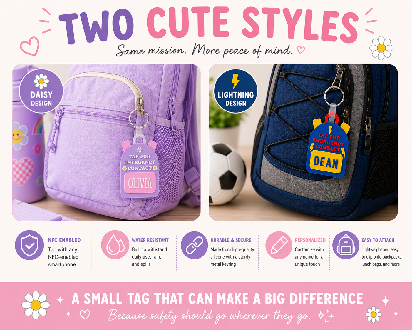 Promotional graphic for a custom school backpack tag, showing two styles: a lavender purple backpack with a pink 'Daisy Design' tag and a navy blue backpack with a yellow 'Lightning Design' tag. The graphic includes text and icons explaining the tag's features, such as NFC enablement, water resistance, and personalization.