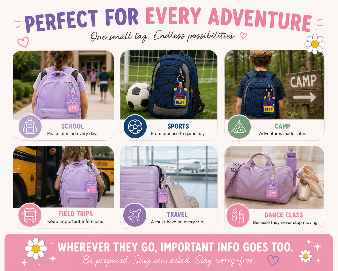 A promotional graphic for a small lavender tag with a colorful keychain strap, shown in six lifestyle scenarios including school, sports, camp, field trips, travel, and dance class. The graphic features a purple backpack, suitcase, and duffel bag, each with the tag attached, and includes text reading 'PERFECT FOR EVERY ADVENTURE' and 'WHEREVER THEY GO, IMPORTANT INFO GOES TOO.