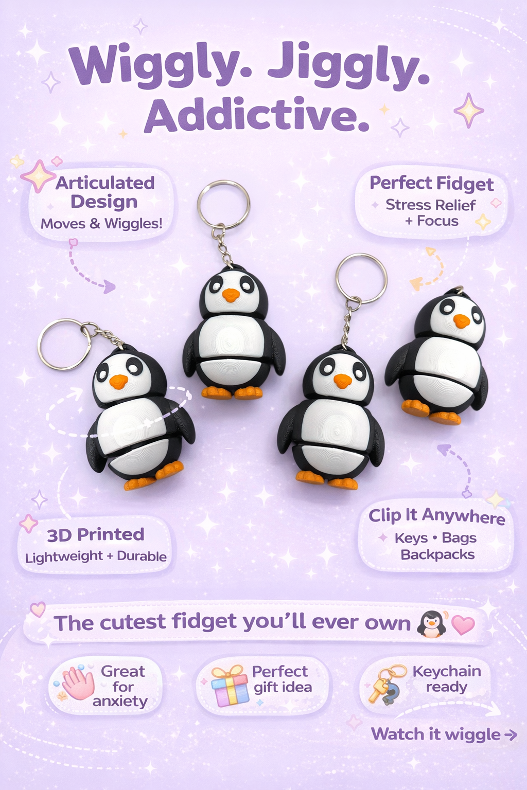 Penguin-shaped fidget keychains on a purple background with promotional text.